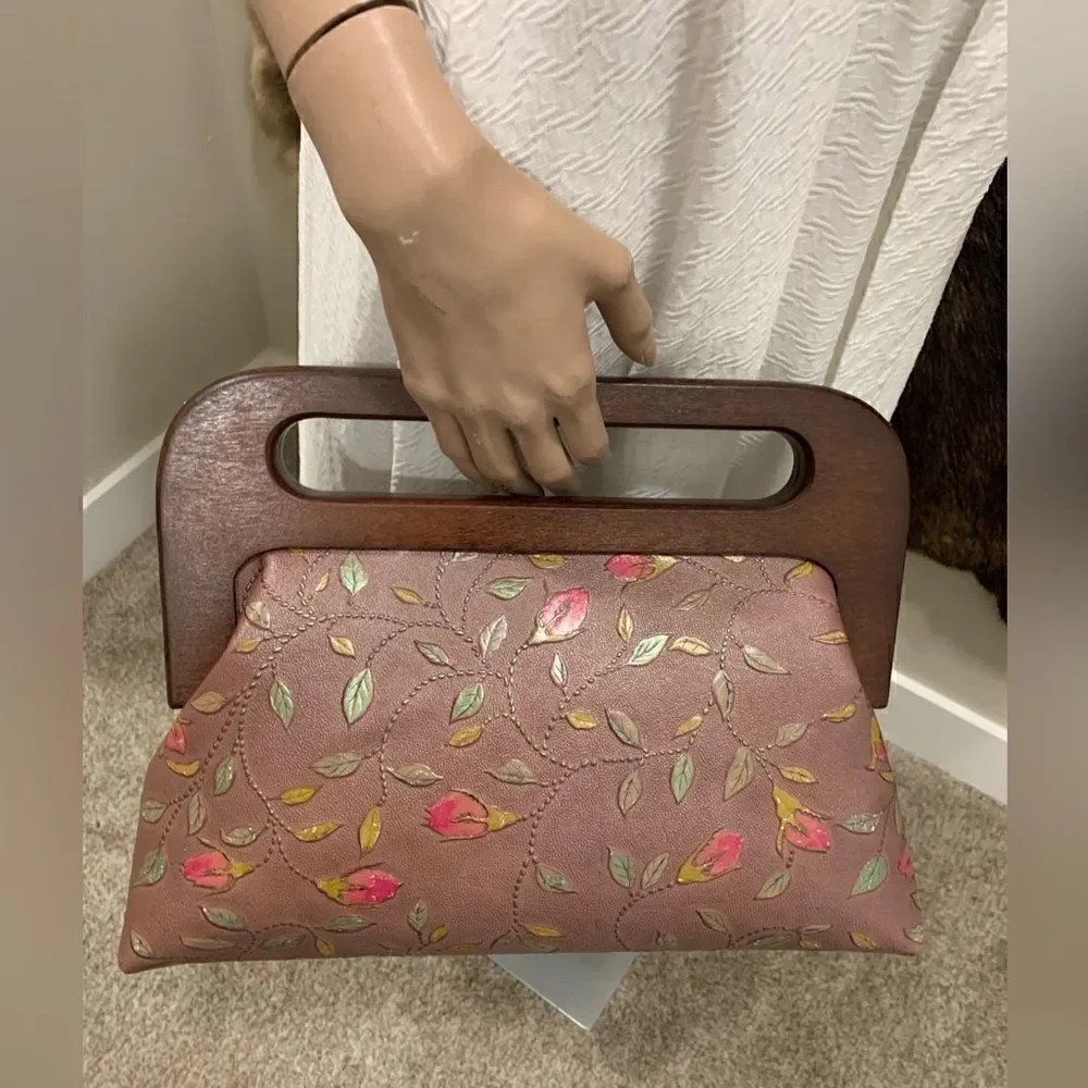 Handmade Genuine Embossed Leather Large Wooden Frame Handbag